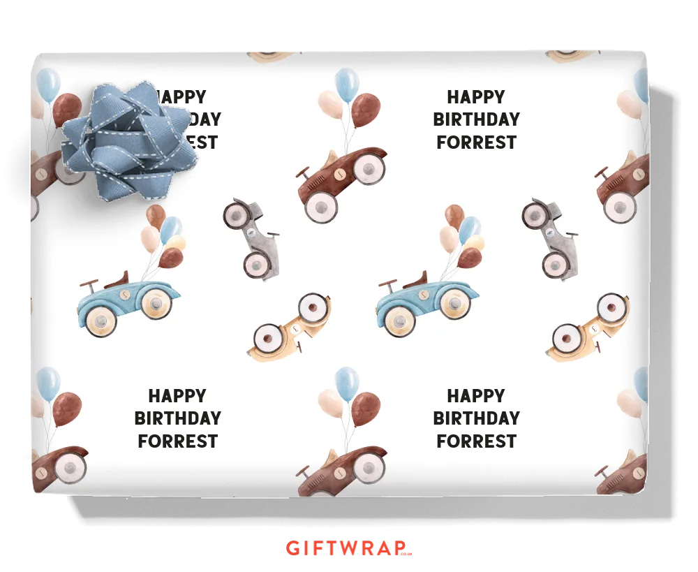 Retro Birthday Cars Personalised Wrapping Paper