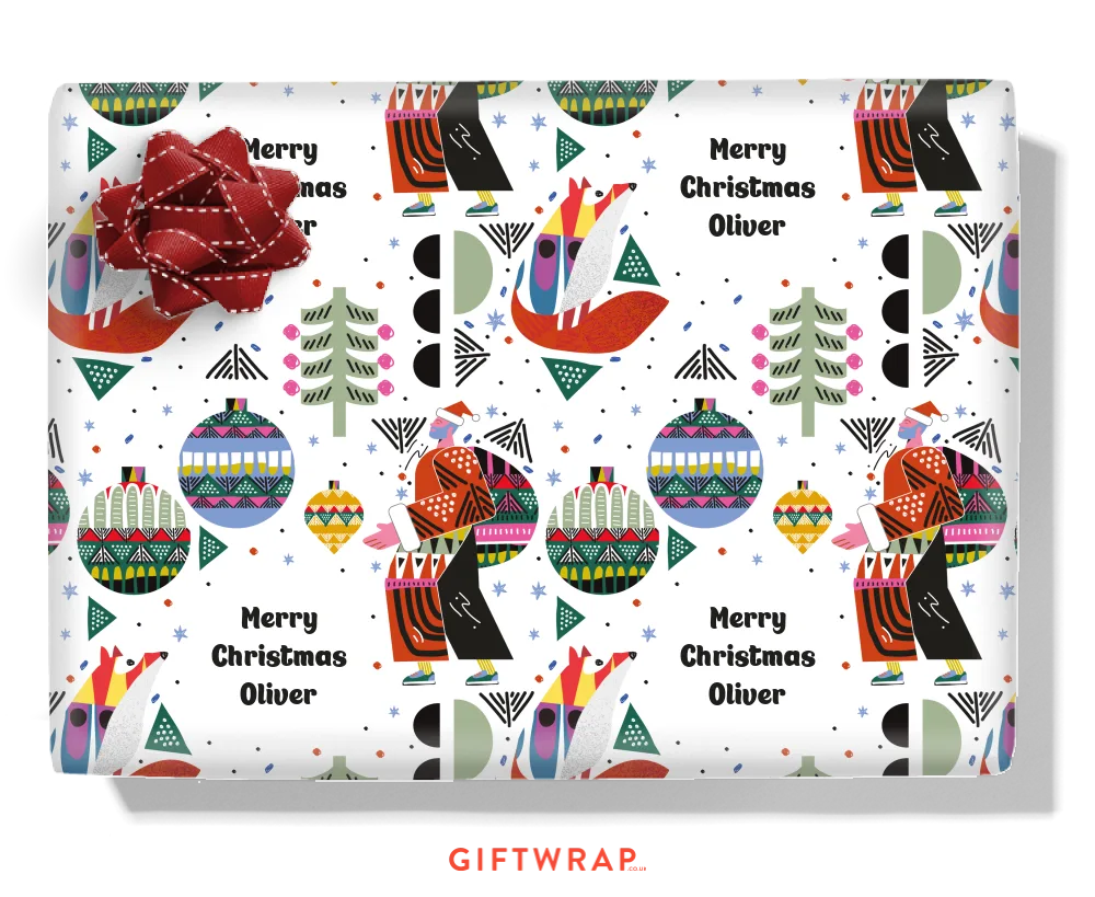 Abstract Santa & Fox Personalised Wrapping Paper