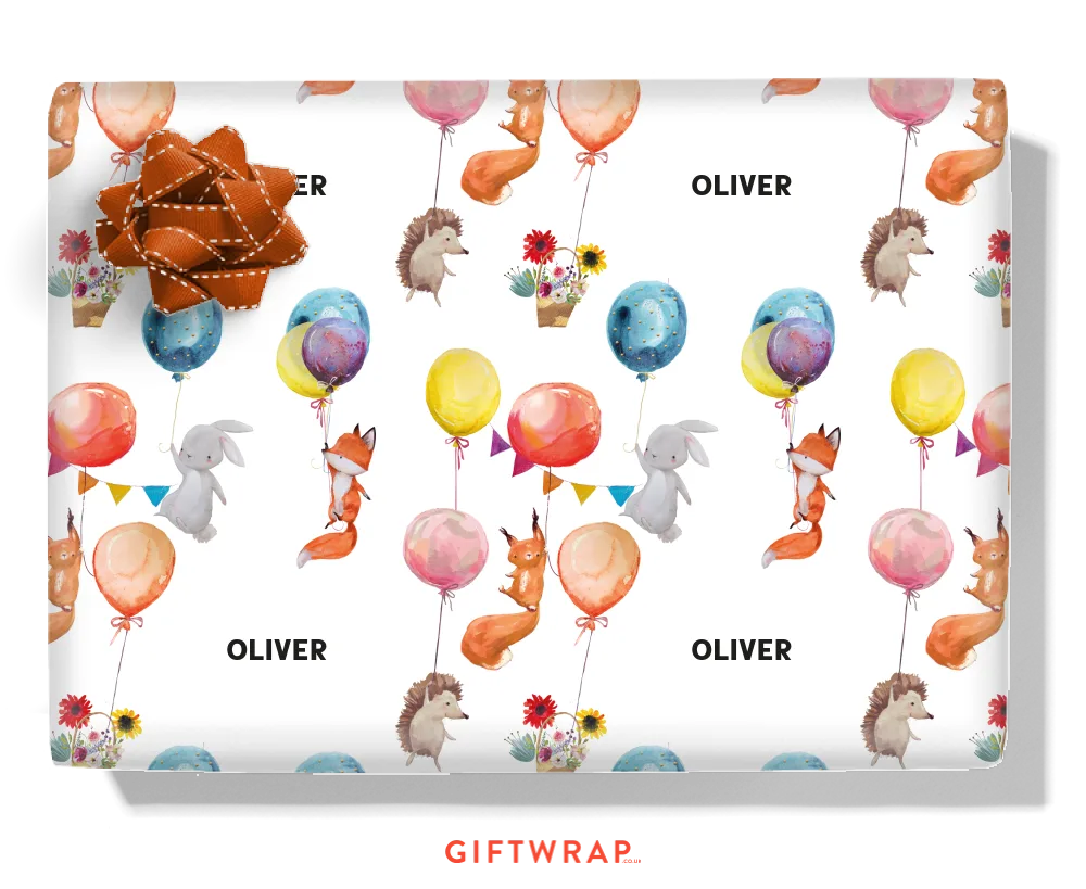 Animals With Balloons Personalised Wrapping Paper