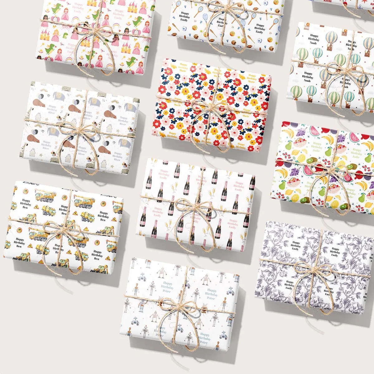 Presents wrapped in many different personalised papers